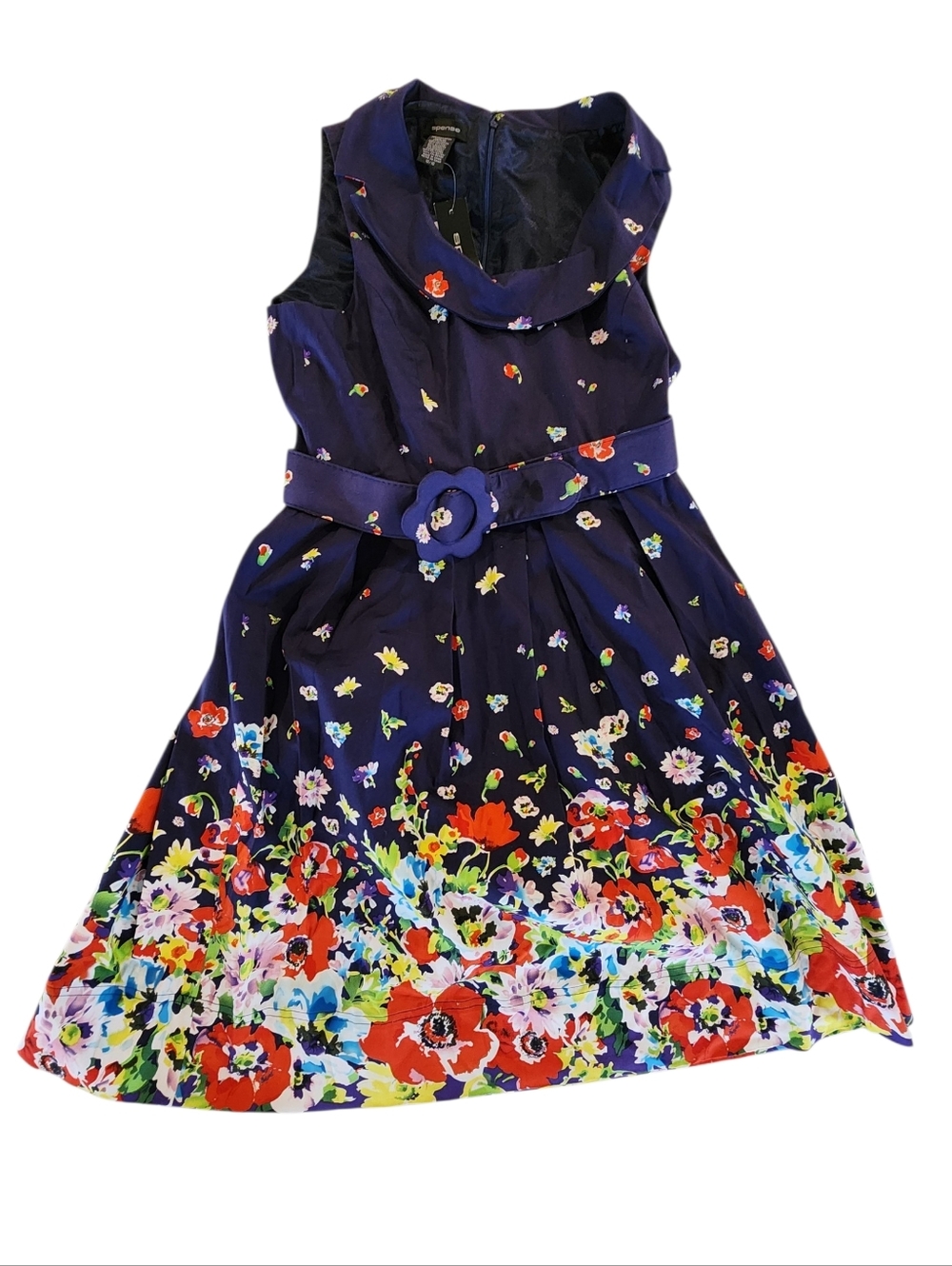 Spense Navy Floral Belted Party Dress - Women's Size 10